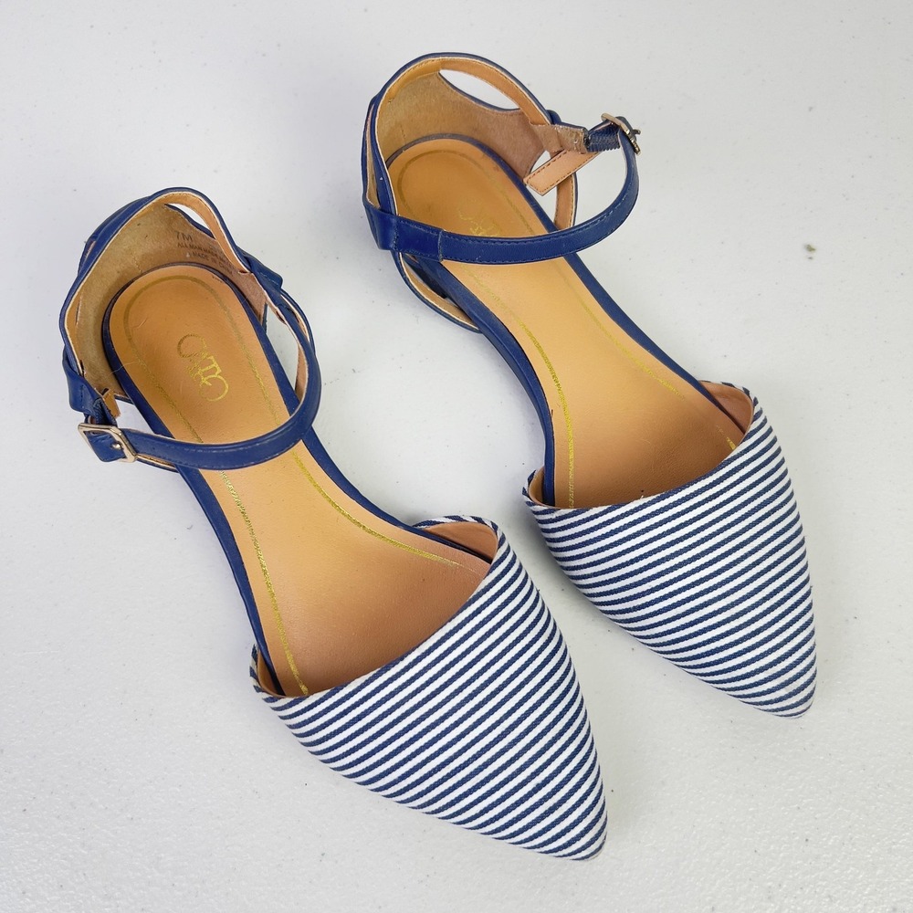 Cato Shoes Womens 7 Blue Striped Pointed Toe Ankle Strap Canvas Flats 39158753
